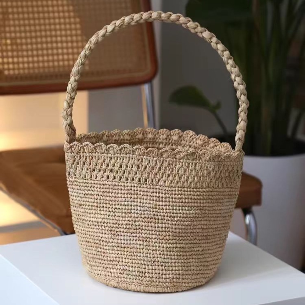 Handmade Crochet Straw Bucket  - đánh giá và giá Crochet Bag Raffia